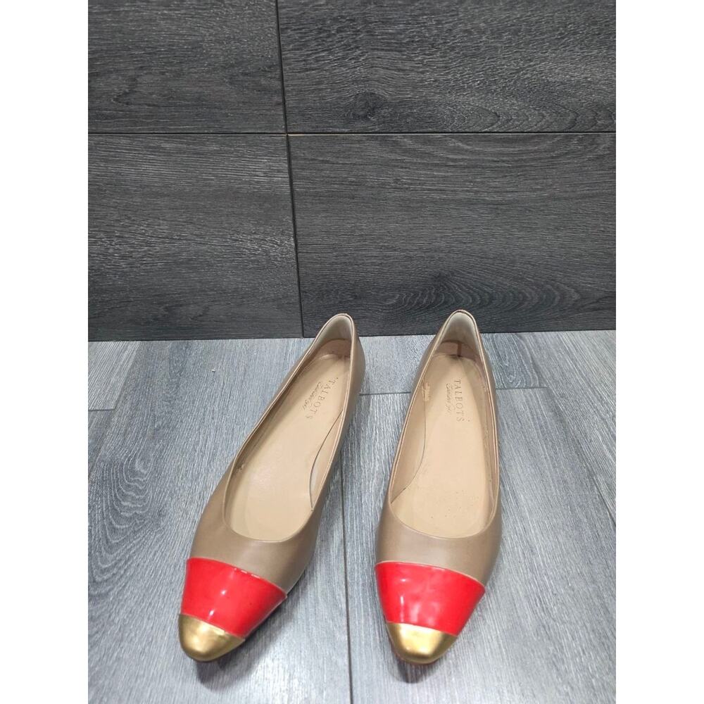 Talbots Dress Flats Leather Women Slip On Shoe Sz 9.5 gold red Cap Toe S000093